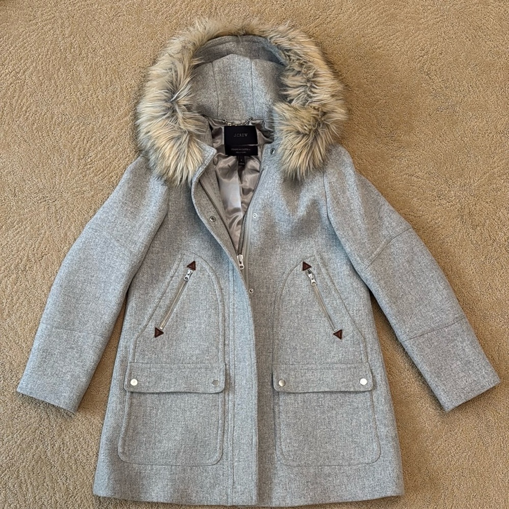 J. Crew Gray Wool Parka with Fur Hood- 8